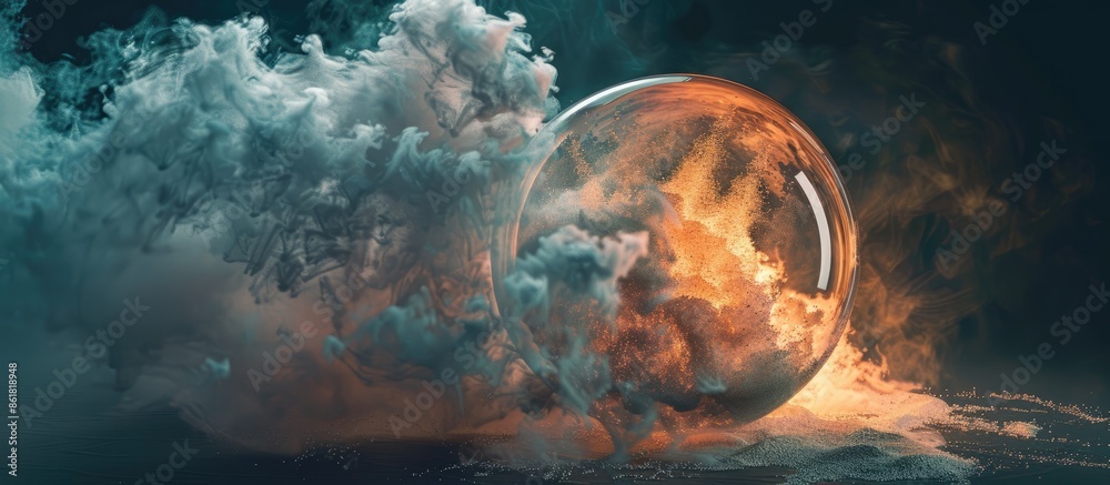 Poster An abstract display of powder or smoke particles exploding within a glass sphere on a dark backdrop, with room for adding images. Copy space image. Place for adding text and design