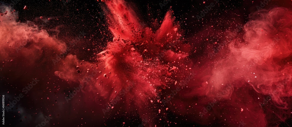 Aufkleber Capture the stillness of a vivid red powder burst against a black backdrop in an abstract display of a crimson dust cloud with particles spreading out, ideal as a copy space image.