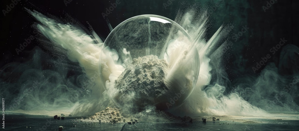 Aufkleber An abstract display of powder or smoke particles exploding within a glass sphere on a dark backdrop, with room for adding images. Copy space image. Place for adding text and design