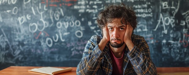 Worried looking man covers his ears against a backdrop of complex math equations