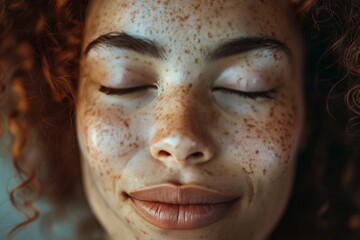 Fototapeta premium Close up of biracial woman s freckles with eyes shut, generated by artificial intelligence