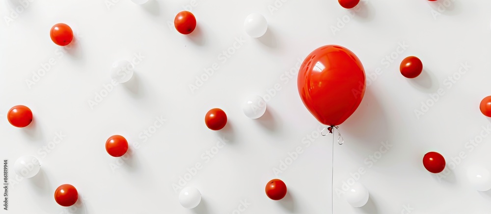 Poster One distinctive red balloon stands out among others in a white backdrop, creating a striking visual contrast with copy space image.