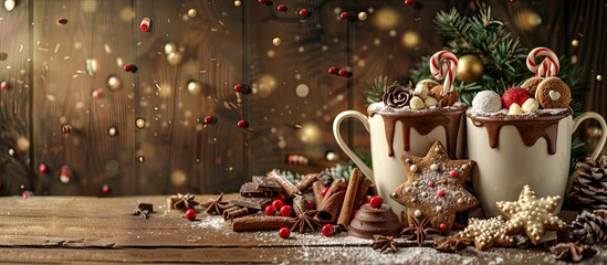 Overflowing Christmas hot chocolate mugs adorned with chocolate, spices, cookies, candy, and gingerbread on a wooden winter background with space for images. Copy space image