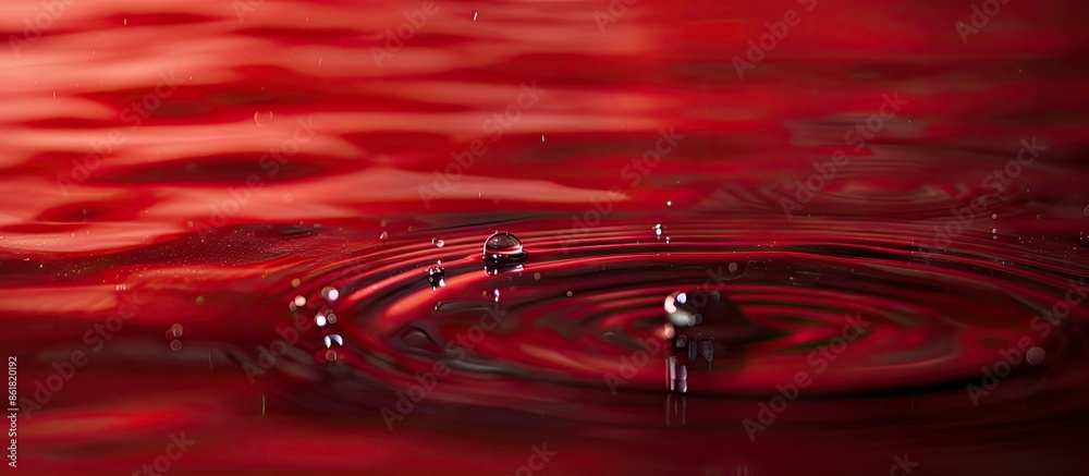 Poster water droplets formed on a rippled water surface with a red background provide a striking copy space