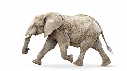 Fototapeta premium Elephant in motion on a white background. AI-generated image of a majestic animal. Ideal for educational and wildlife-themed content. High-resolution and stunning visual. AI