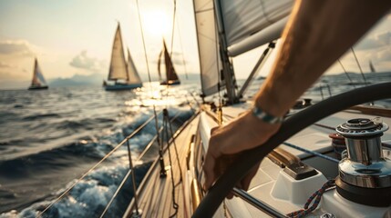 Intense Sailboat Race: Concentrated Sailor Steering Through Waves - Nautical Adventure Concept