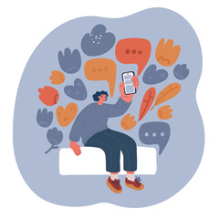 Vector illustration of woman showing mobile phone screen display and app
