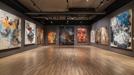 An expansive painting gallery with high ceilings and a variety of large, bold abstract paintings on display.