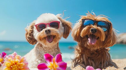 Two dogs wearing sunglasses enjoying a sunny day on the beach.