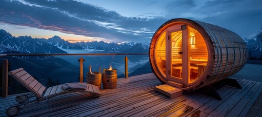 Cozy Wooden Barrel Sauna on Mountain Cabin Deck with Breathtaking Alpine Views at Sunset