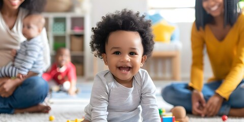 Diverse daycare with African American toddlers and caregivers in a playful setting. Concept Childcare Services, African American Representation, Playful Learning Environment, Diverse Caregivers