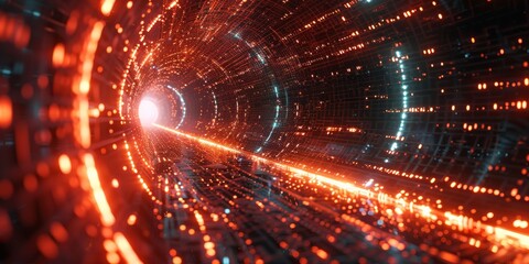 Fototapeta premium Explore a mesmerizing red particle tunnel in the vastness of space, ideal for scifi and cosmic design purposes