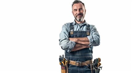 Portrait of a confident male handyman in denim overalls with crossed arms. Carpenter standing against white background. Image for profession and skill concepts. Perfect for blogs and websites. AI