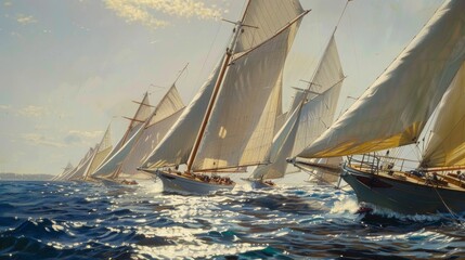 Fototapeta premium Sailboat Race on Open Sea with Clear Sky - Nautical Adventure and Competition Photography