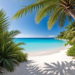 Fototapeta premium Overhanging palm trees on a beach with blue skies and an azure sea