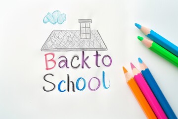A naive children drawing with colored crayons on white paper, made by a child by hand and the text "Back to school"