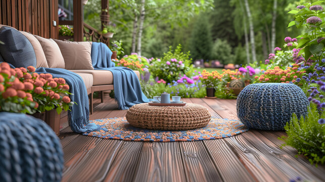 Mockup de terraza de verano de casa en un jard&iacute;n exterior con sofas y mesa de mimbre. Patio decorado en el exterior.