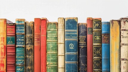 Vintage collection of colorful old books on a white background. Perfect for literary and educational themes. Captures the charm of antique literature. Ideal for libraries or reading enthusiasts. AI
