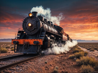Obraz premium Powerful steam train traveling through desert at sunset
