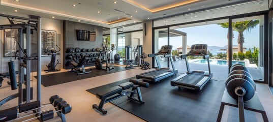 Modern High-End Home Gym with State-of-the-Art Equipment and Stylish Decor