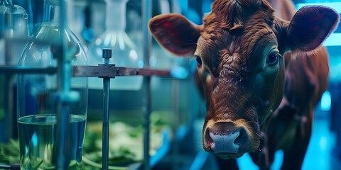 Labgrown meat in bioreactor facility replaces traditional livestock farming for sustainability. Concept Sustainable Agriculture, Bioreactor Technology, Lab-grown Meat, Animal Welfare