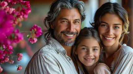 Fototapeta premium Happy family of three smiles for camera in front of beautiful flowering bush