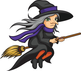 Vector illustration of a cartoon witch flying on her broom.