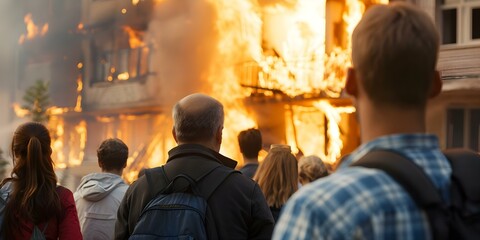 Fototapeta premium Spectators observing a massive building fire from a safe distance. Concept Building Fire, Spectators, Emergency Response, Safety Precautions, News Coverage