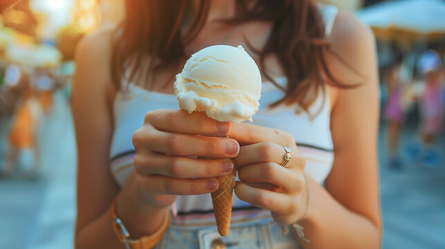 Manos de mujer sujetando un cono de oblea con una bola blanca de helado entre sus manos en verano.