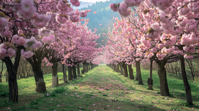Camino entre arboles con flores rosas de cerezos en flor en un d&iacute;a de primavera