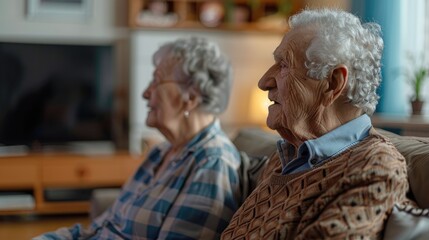 Elderly couple sitting on a couch at home, enjoying relaxed time together. Warm atmosphere with wooden furniture and soft lighting.