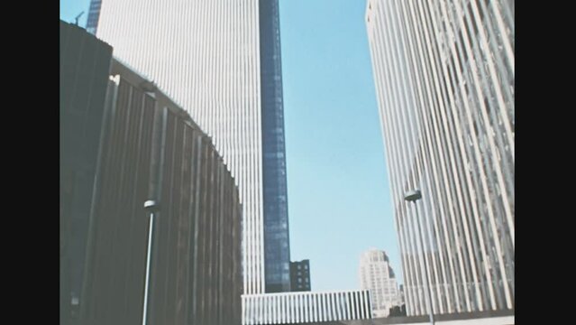 New York, Manhattan, United States America 1976: entrance arena in old New York city. Archival skyline of Manhattan in 1970s.