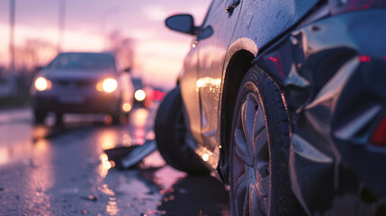 Naklejka premium A passenger car damaged as a result of an accident, close-up, a small car accident on the highway. World Day of Remembrance for Road Traffic Victims - November 17.