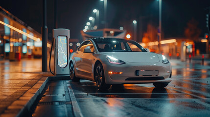Fototapeta premium Electric car charging at a station in a city at night, showcasing a modern and eco-friendly urban transportation solution.