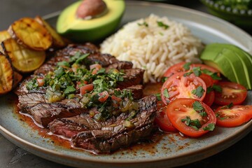 El Bistec a la Criolla - delicious colombian beef steak with tomatoes sauce, rice, avocado, bananas fries