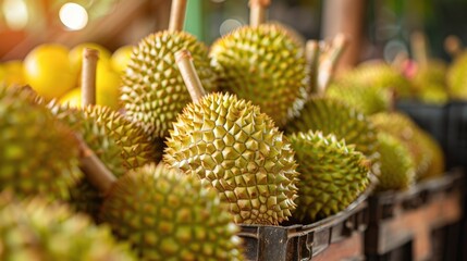 Fresh durian fruits displayed in baskets at a market. The spiky skins and tropical setting highlight the unique and exotic nature of the fruit.