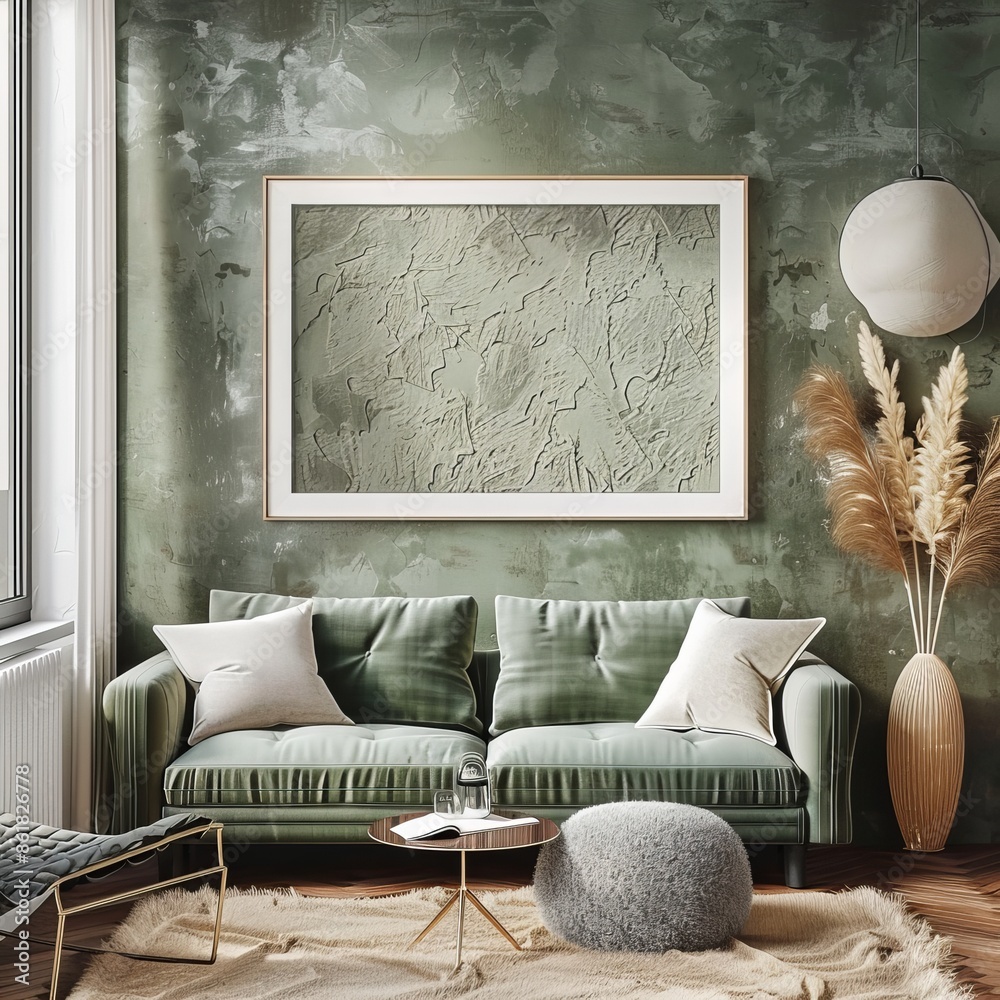 Poster A modern living space with a stylish green sofa and textured walls, complemented by abstract wall art