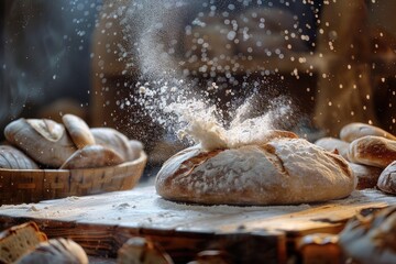 Freshly baked artisan bread loaf with flour dust in rustic bakery setting. Delicious homemade bread with crusty texture.