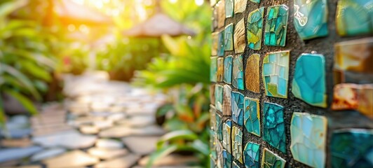 Turquoise Stone Mosaic in Sunlit Garden. Generative ai.