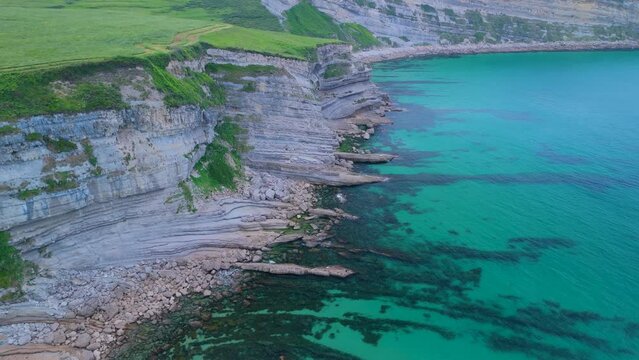 Coastal landscape at Punta Ballota on the coasts of Tagle. Aerial view from a drone. Arnuero Municipality. Cantabrian Sea. Cantabria. Spain. Europe