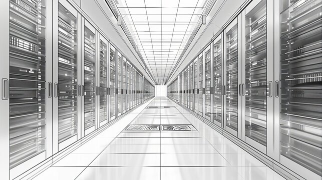 Black and white line drawing of server room with data center in the background