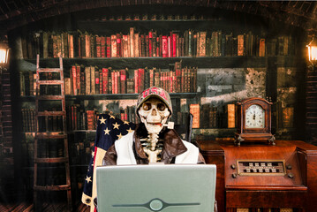 Skeleton in leather jacket and scarf wearing USA baseball cap and smoking corn cob pipe with American flag and old library background