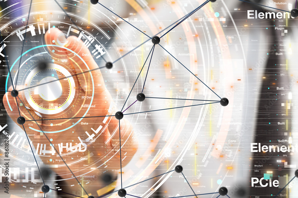Poster Global network. Blockchain. 3D illustration. Neural networks and artificial intelligence. Abstract