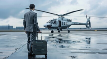 A man in a suit walks towards a helicopter on a wet helipad