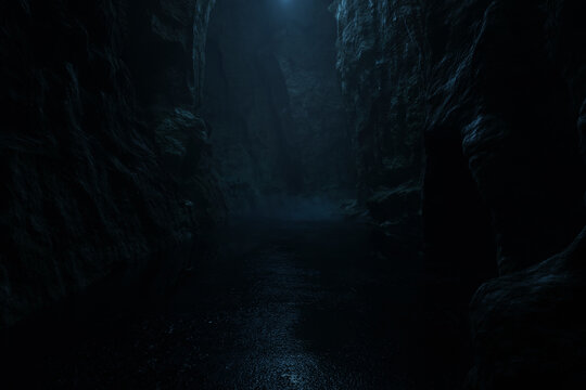 Passage through dark cave with light at the end. 3D Rendering