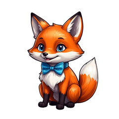 Obraz premium Cute Childish Kawaii Fox Character Sticker Standing with Big Round Eyes, Fluffy Tail, and a Happy Expression, Thick Black Outline, Generative AI.