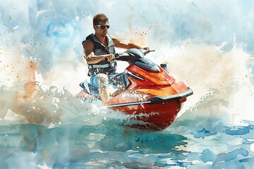 Fototapeta premium Watercolor painting of a man driving a jet ski in the sea.