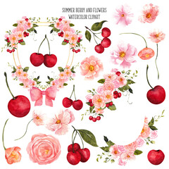Watercolor hand draw illustration with summer berry, cherry, currant, strawberry, raspberry, floral arrangements, vase and botanical bouquet, isolated on transparent background