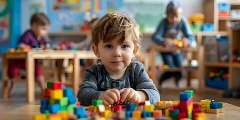 Kids enjoying activities at daycare. Concept Kids Play, Daycare Adventures, Educational Fun, Playtime Excitement, Creative Learning