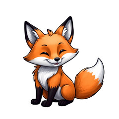 Obraz premium Cute Childish Kawaii Fox Character Sticker Standing with Big Round Eyes, Fluffy Tail, and a Happy Expression, Thick Black Outline, Generative AI.